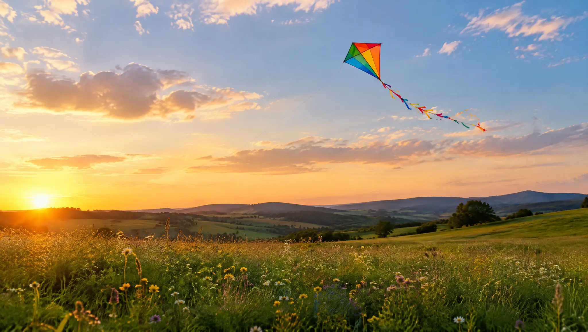 A colourful kite flying over a meadow of wildflowers at golden hour