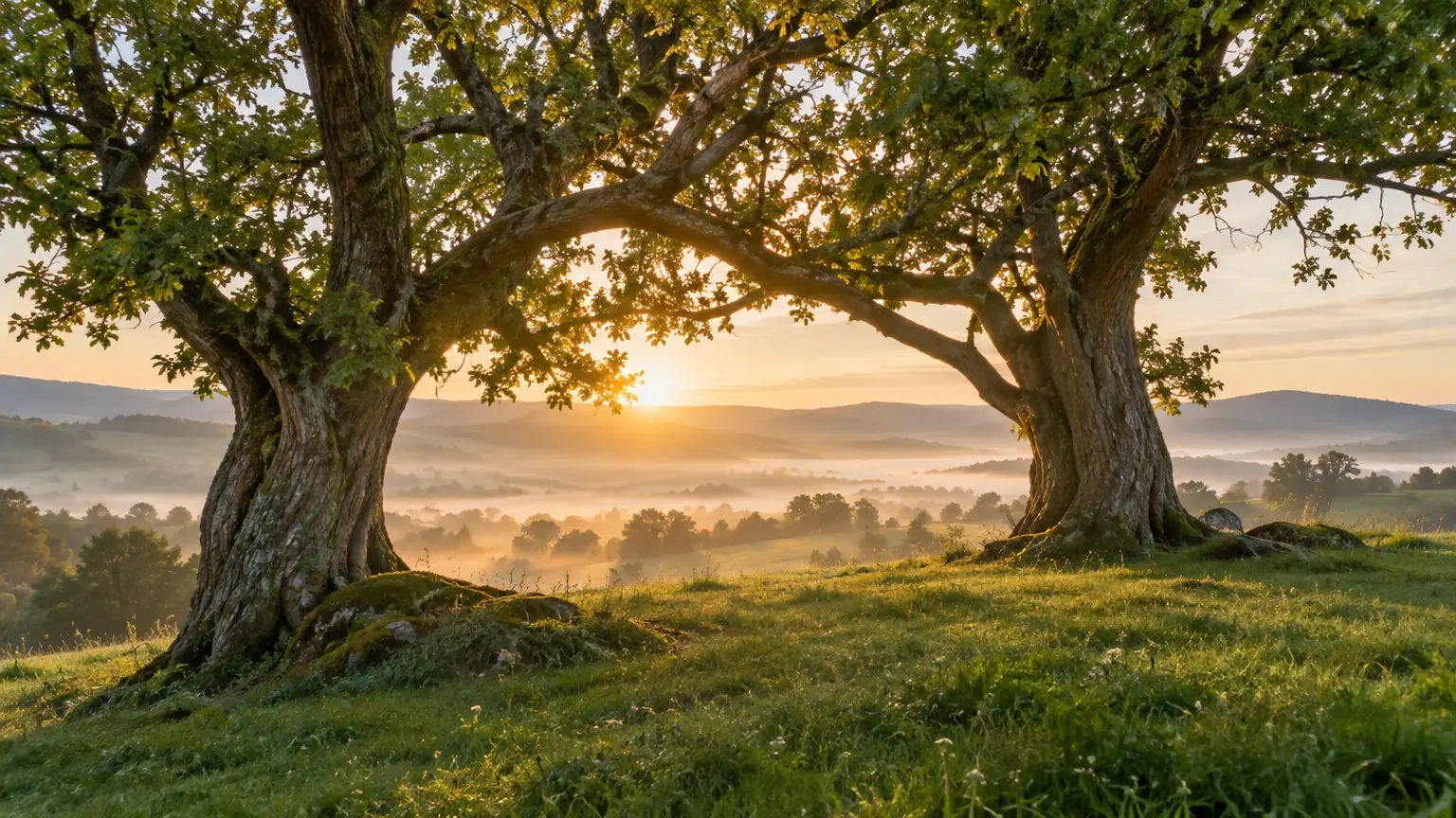 Two trees on a hillside at sunrise, their branches reaching towards each other