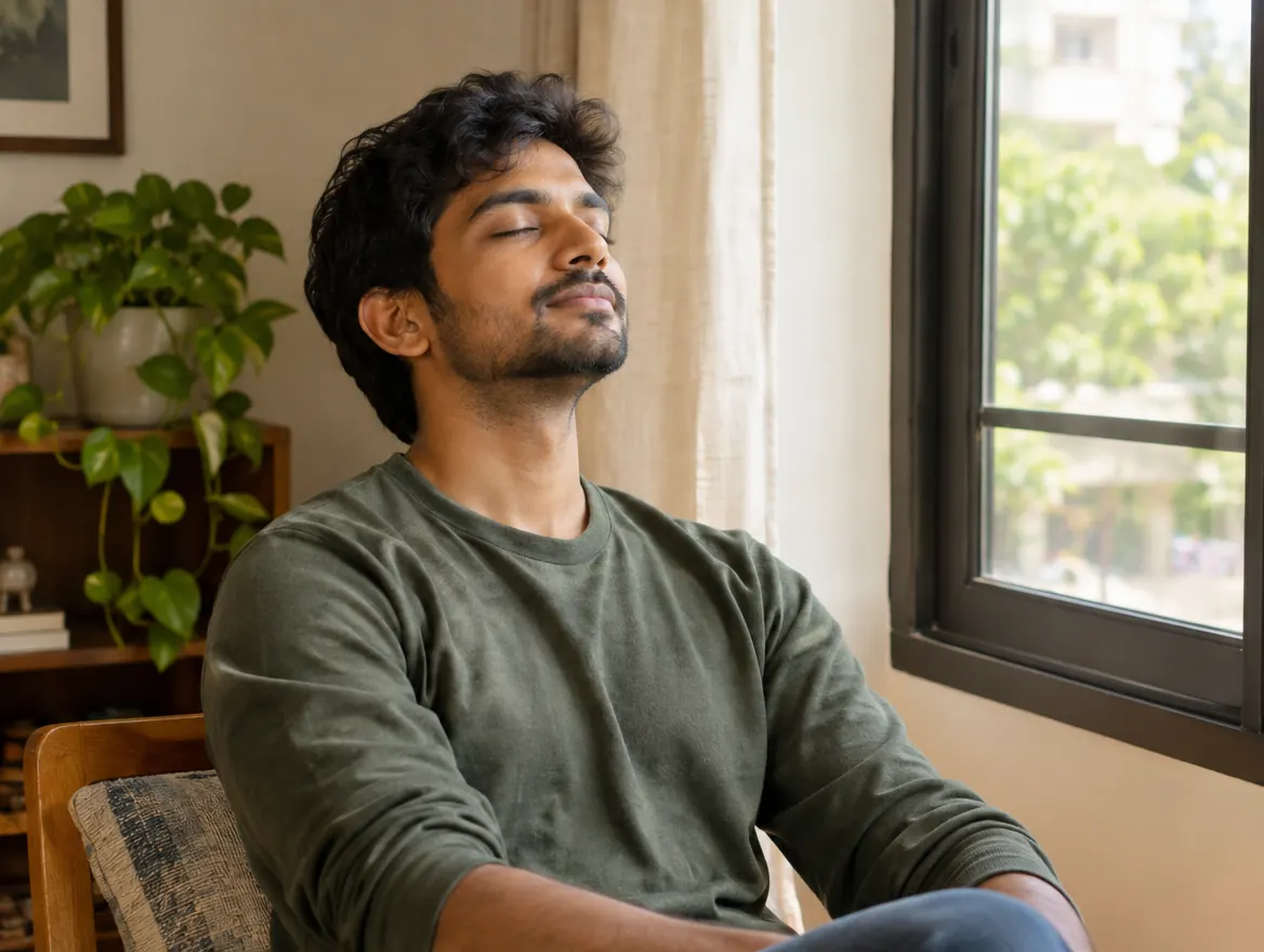 A man sitting calmly by a window, eyes closed, taking a slow breath