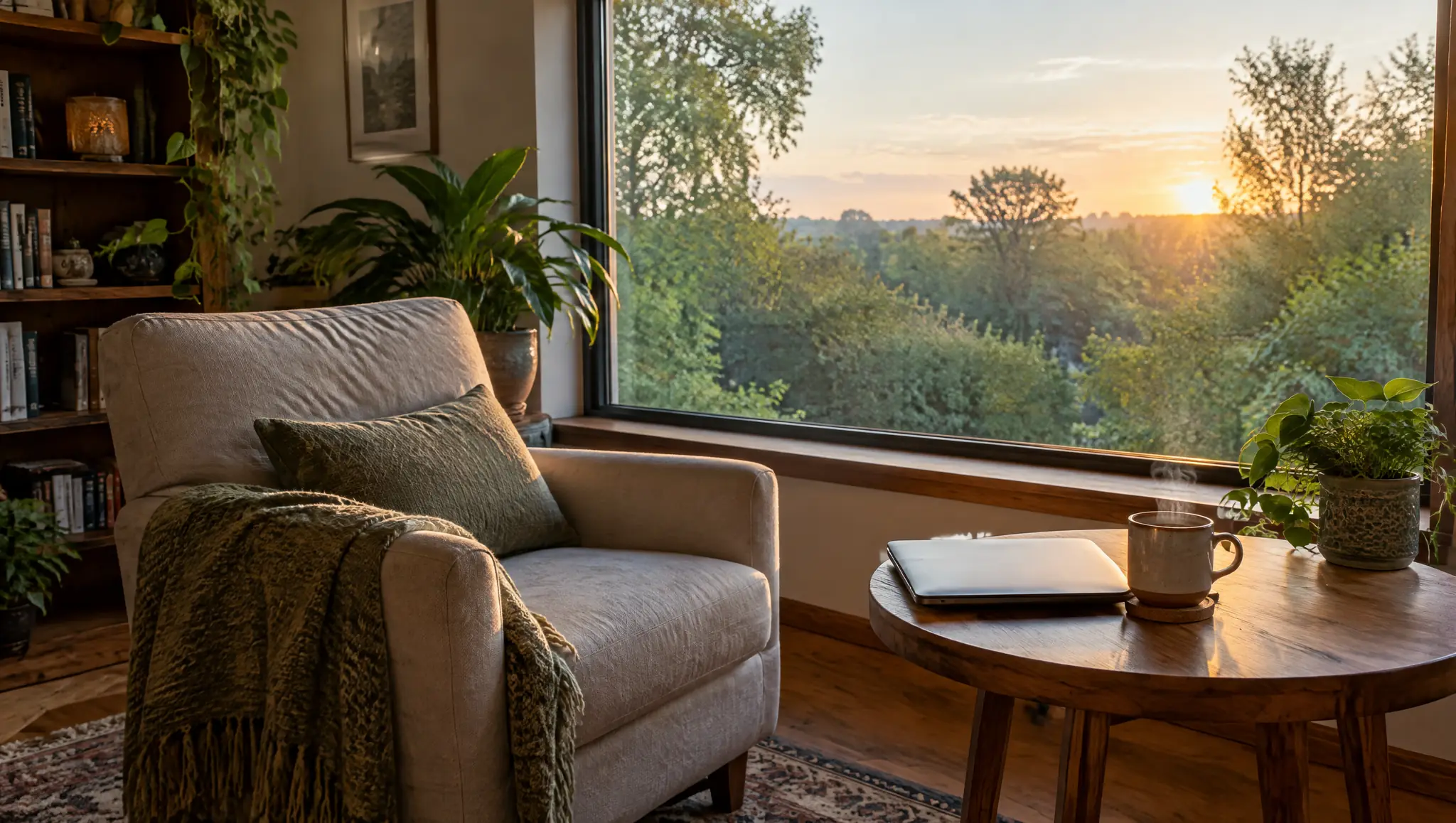 A quiet reading corner at home by a window at sunrise, with a laptop and a cup of tea